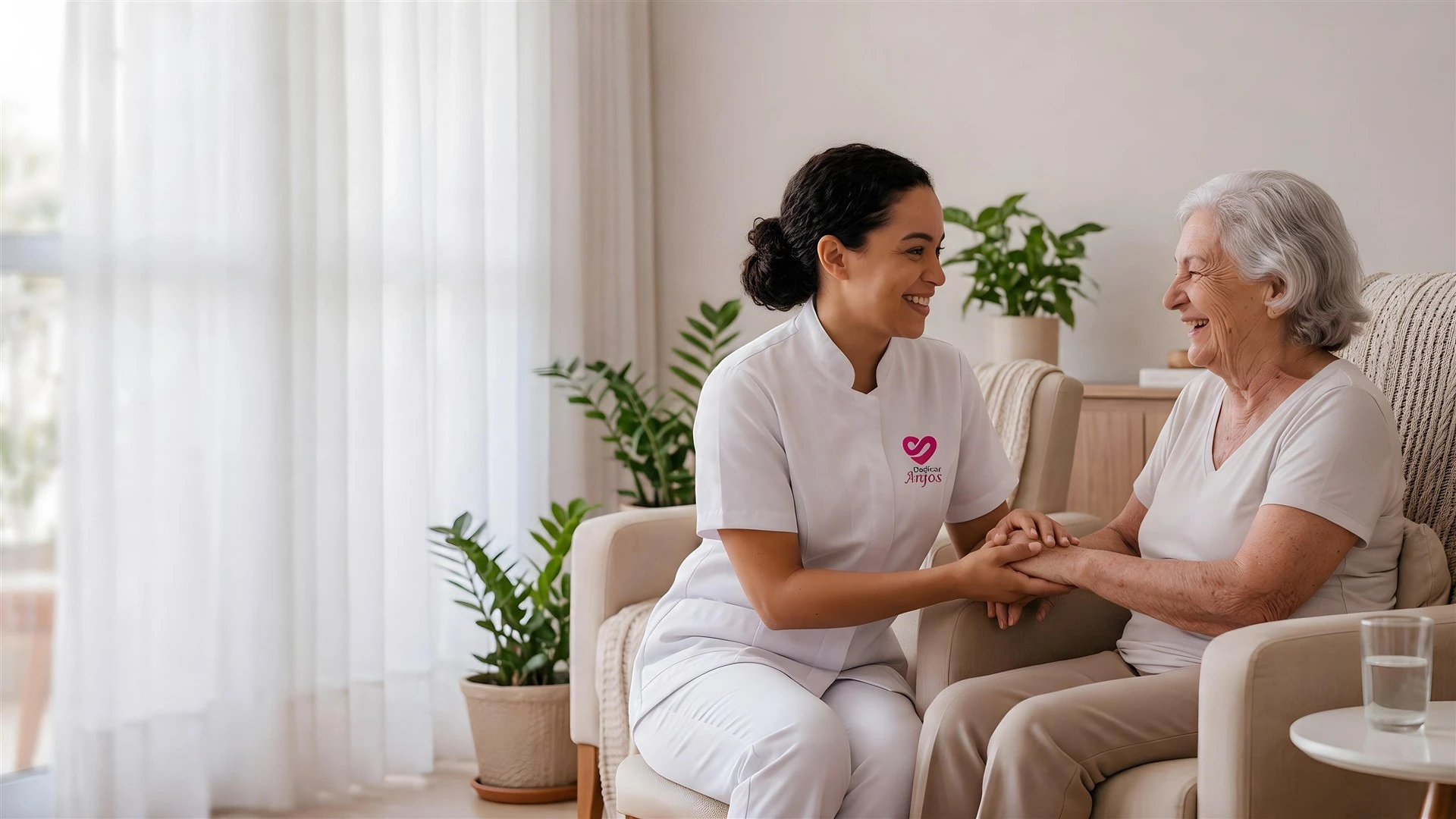 Profissional da Dedicar Anjos segurando as mãos de uma idosa em um ambiente acolhedor